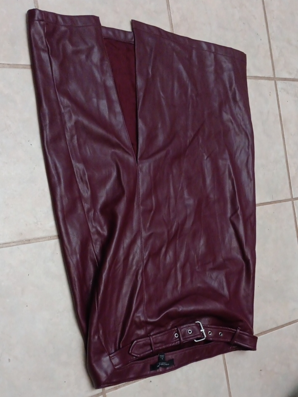 Women's Burgundy Faux Leather Midi Skirt with Belt Very Soft